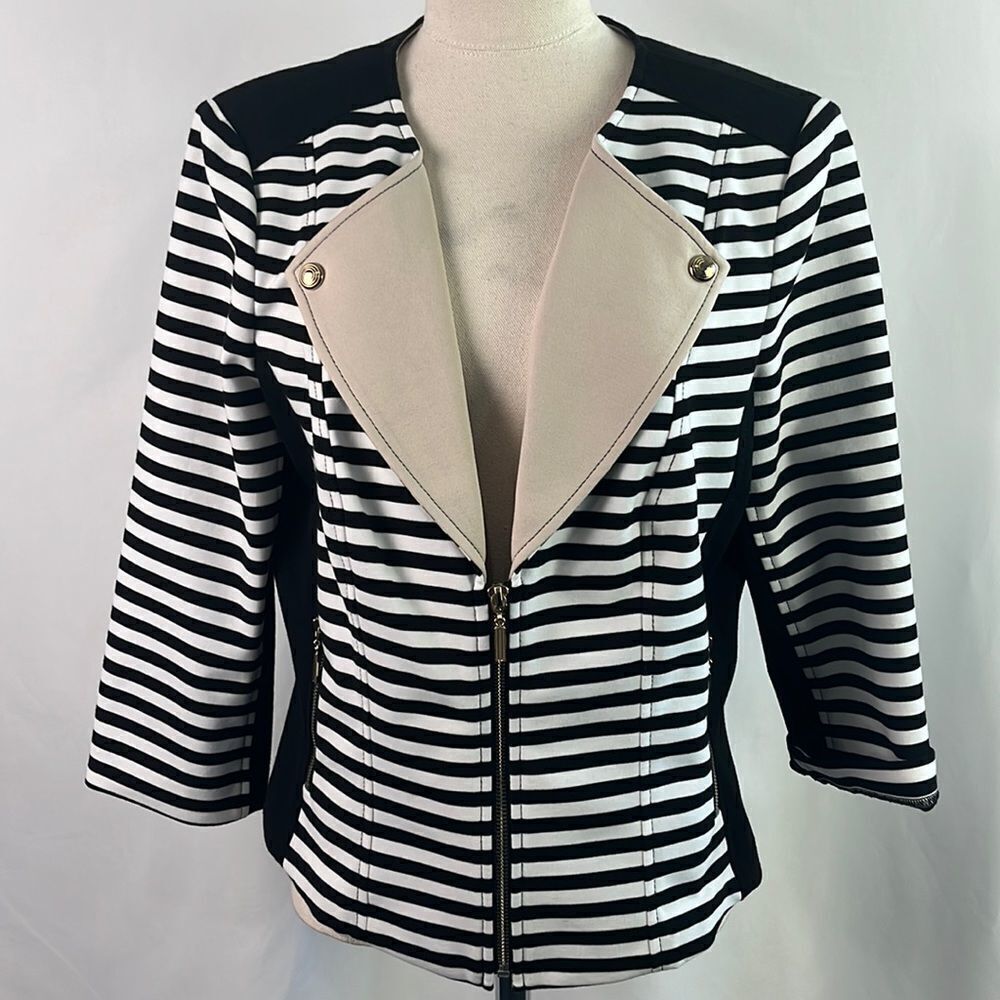 White/Black Striped Jacket With Tan Zipper